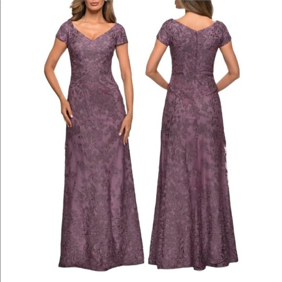 La Femme Dusty Lilac Embellished Lace Gown 16 - Picture 1 of 15